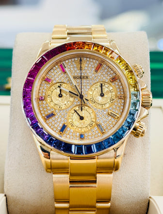 Rolex Daytona 116528 40 18k Yellow Gold Custom Rainbow Bezel Custom Pave Diamonds & Sapphires Dial  PreOwned - Diamonds East Intl.
