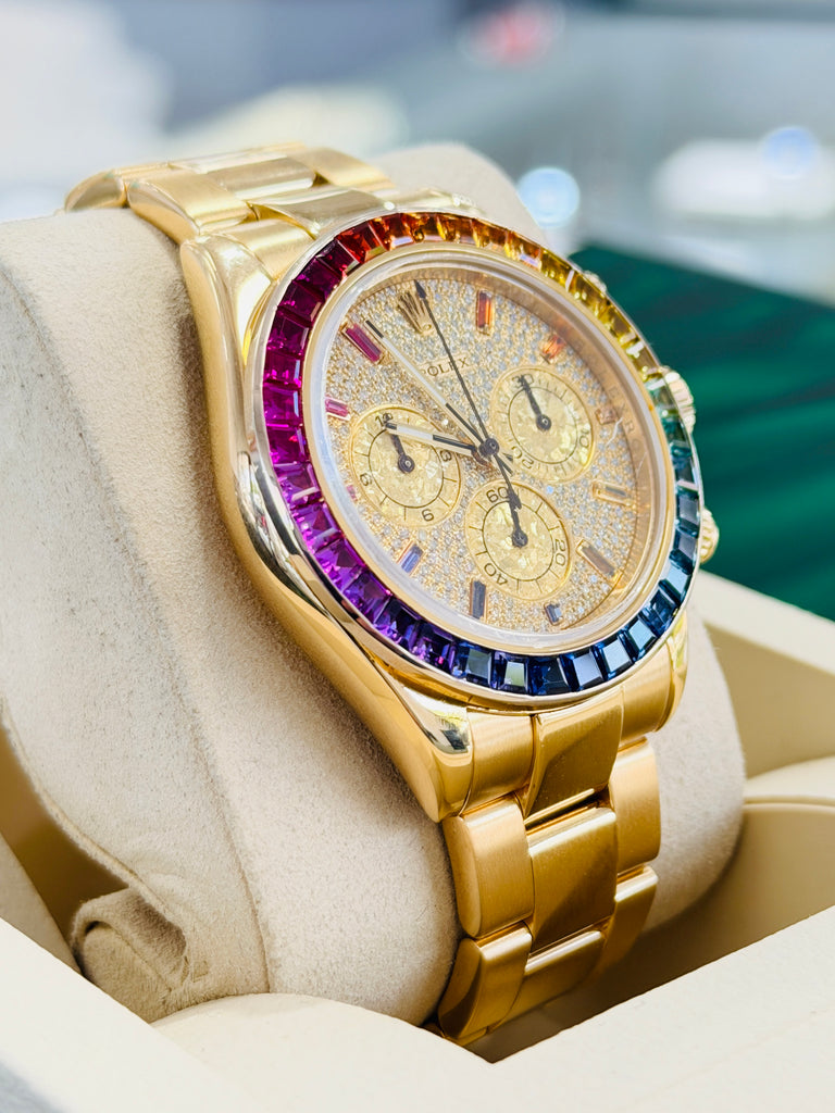 Rolex Daytona 116528 40 18k Yellow Gold Custom Rainbow Bezel Custom Pave Diamonds & Sapphires Dial  PreOwned - Diamonds East Intl.