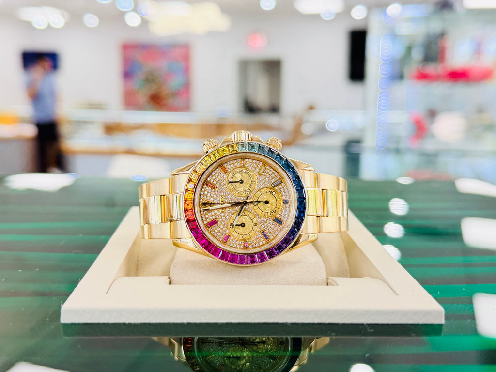 Rolex Daytona 116528 40 18k Yellow Gold Custom Rainbow Bezel Custom Pave Diamonds & Sapphires Dial  PreOwned - Diamonds East Intl.