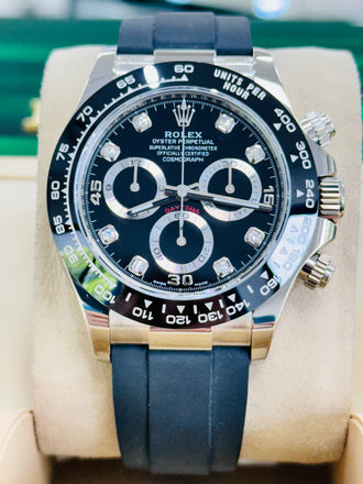 Rolex Daytona 116519LN White Gold Oysterflex Factory Black Diamond Dial Box And Papers MINT - Diamonds East Intl.