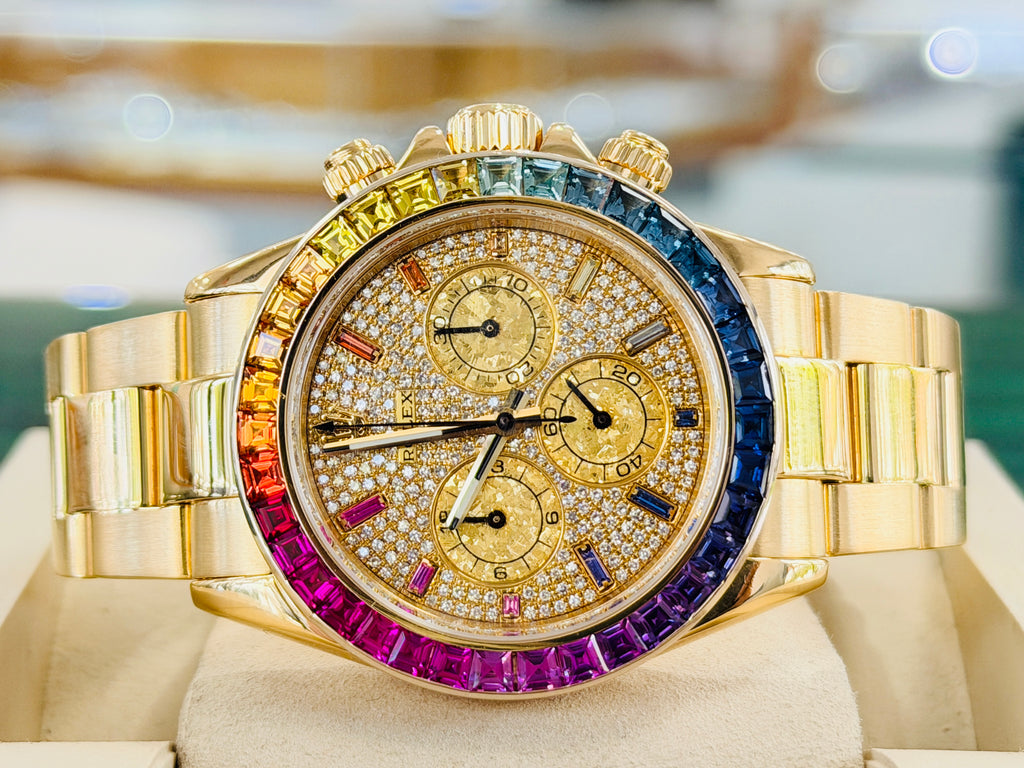 Rolex Daytona 116528 40 18k Yellow Gold Custom Rainbow Bezel Custom Pave Diamonds & Sapphires Dial  PreOwned - Diamonds East Intl.