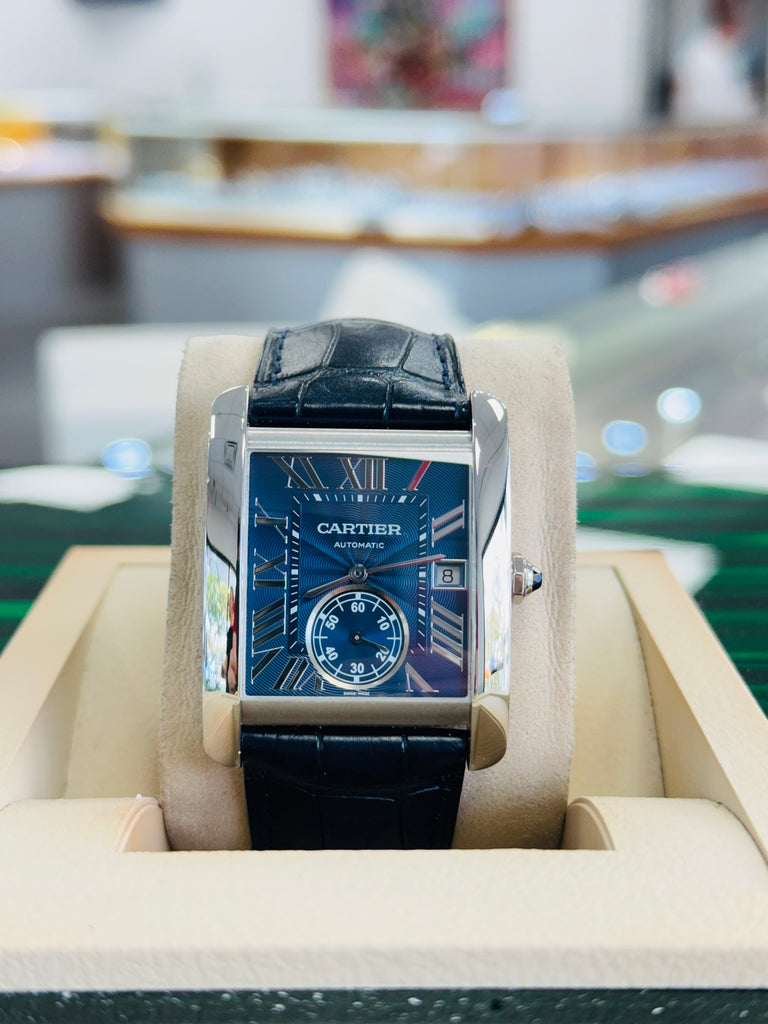 Cartier Tank MC WSTA0010 Large Blue Dial Stainless Steel Leather Automatic  Box and Papers PreOwned - Diamonds East Intl.