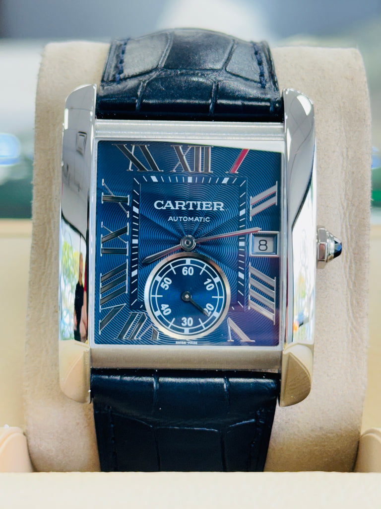 Cartier Tank MC WSTA0010 Large Blue Dial Stainless Steel Leather Automatic  Box and Papers PreOwned - Diamonds East Intl.