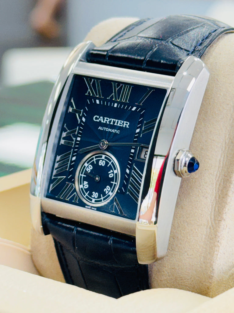 Cartier Tank MC WSTA0010 Large Blue Dial Stainless Steel Leather Automatic  Box and Papers PreOwned - Diamonds East Intl.