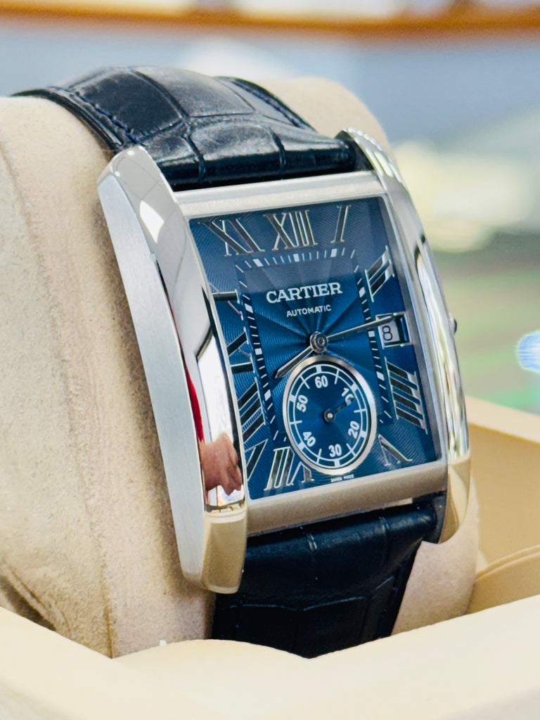 Cartier Tank MC WSTA0010 Large Blue Dial Stainless Steel Leather Automatic  Box and Papers PreOwned - Diamonds East Intl.