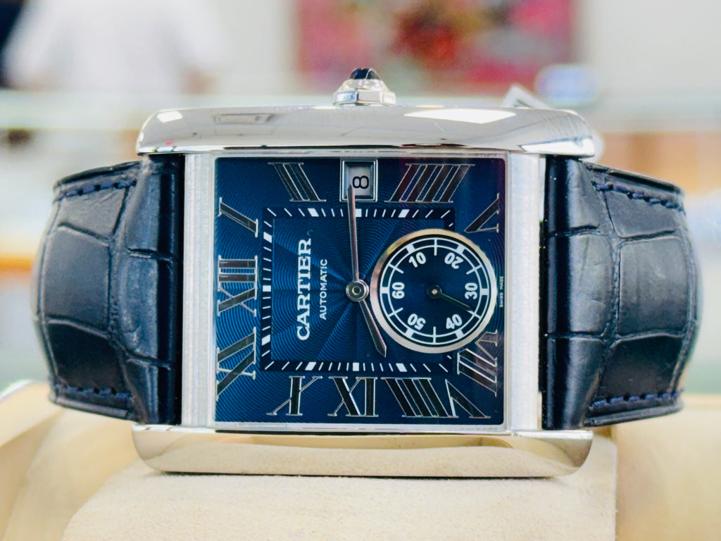 Cartier Tank MC WSTA0010 Large Blue Dial Stainless Steel Leather Automatic  Box and Papers PreOwned - Diamonds East Intl.