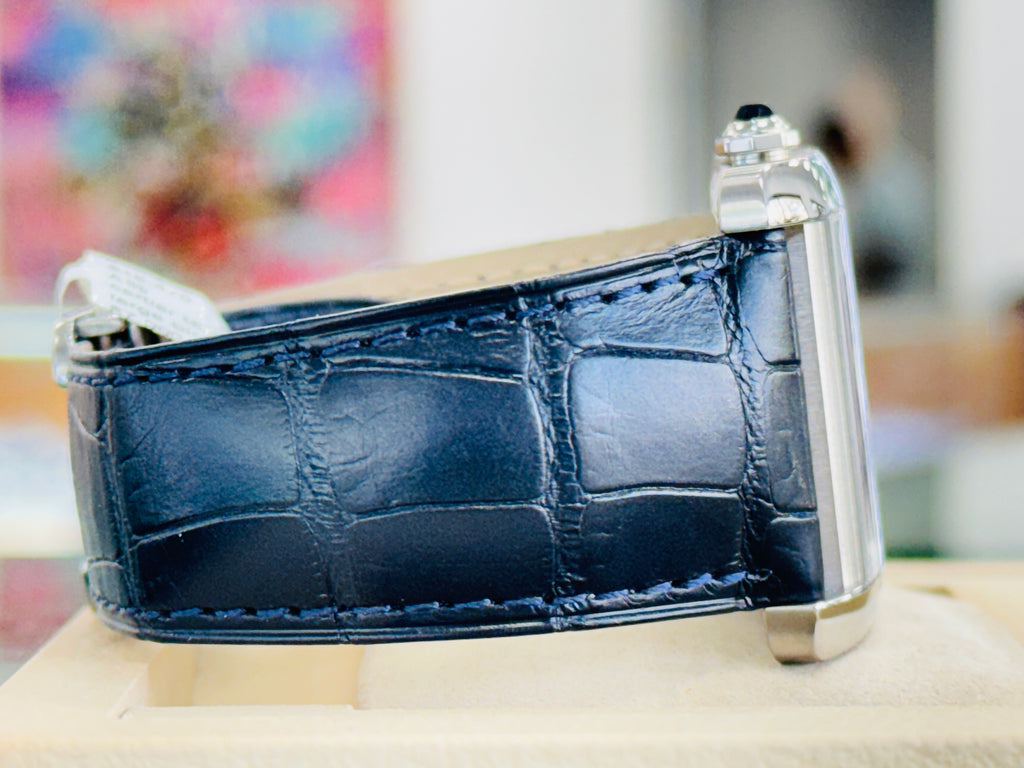 Cartier Tank MC WSTA0010 Large Blue Dial Stainless Steel Leather Automatic  Box and Papers PreOwned - Diamonds East Intl.