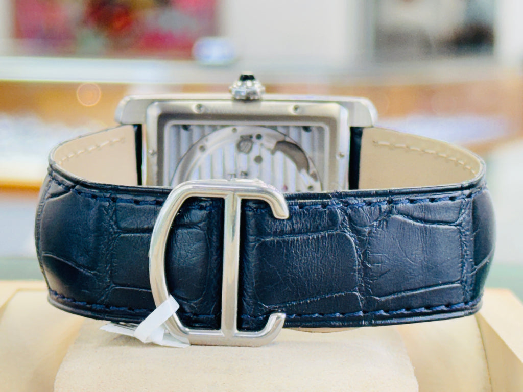 Cartier Tank MC WSTA0010 Large Blue Dial Stainless Steel Leather Automatic  Box and Papers PreOwned - Diamonds East Intl.