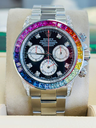 Rolex Daytona 116520 40mm Steel-Custom Rainbow Bezel-Diamond Lugs Black Dial - Diamonds East Intl.