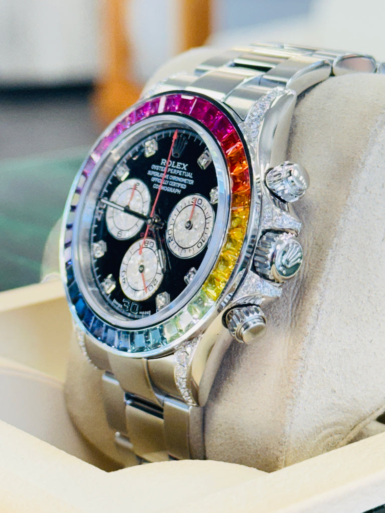 Rolex Daytona 116520 40mm Steel-Custom Rainbow Bezel-Diamond Lugs