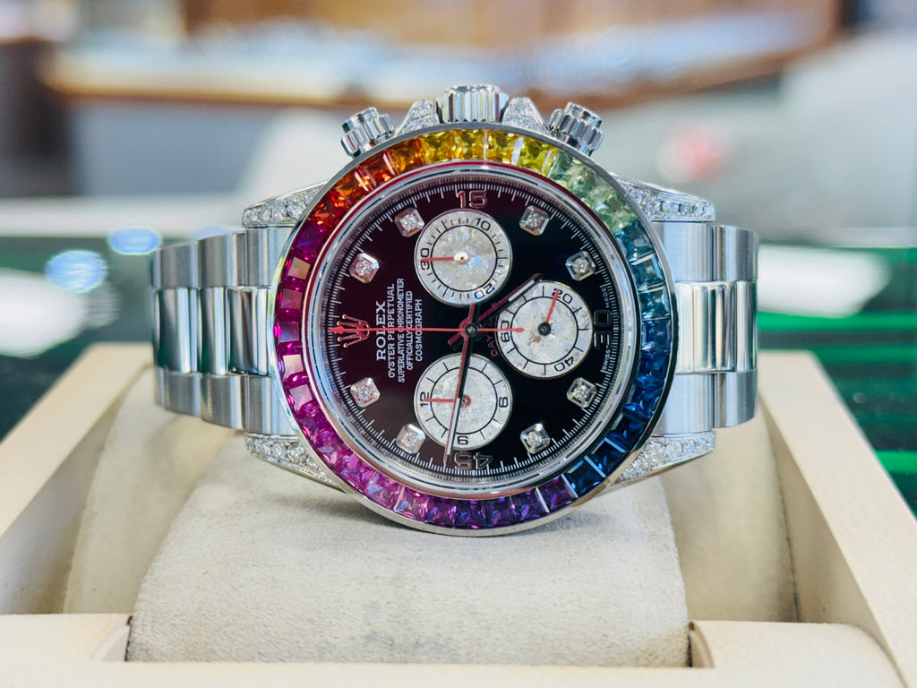 Rolex Daytona 116520 40mm Steel-Custom Rainbow Bezel-Diamond Lugs Black Dial