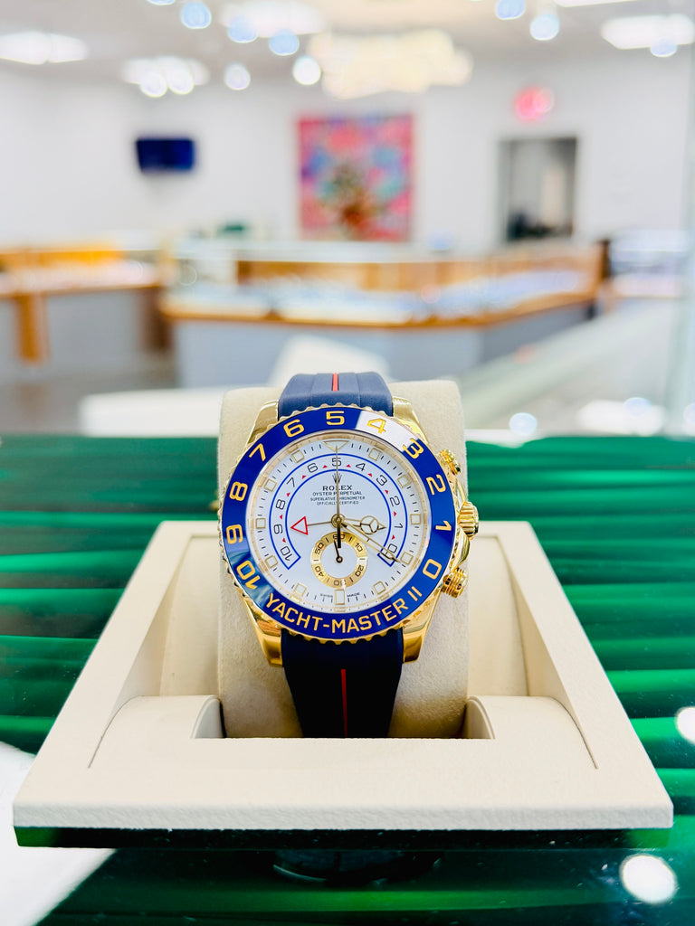 Rolex  Yacht-Master II 116688  Mercedes Hands 44 PreOwned +  Unworn Blue With Red Stripe Rubber b
