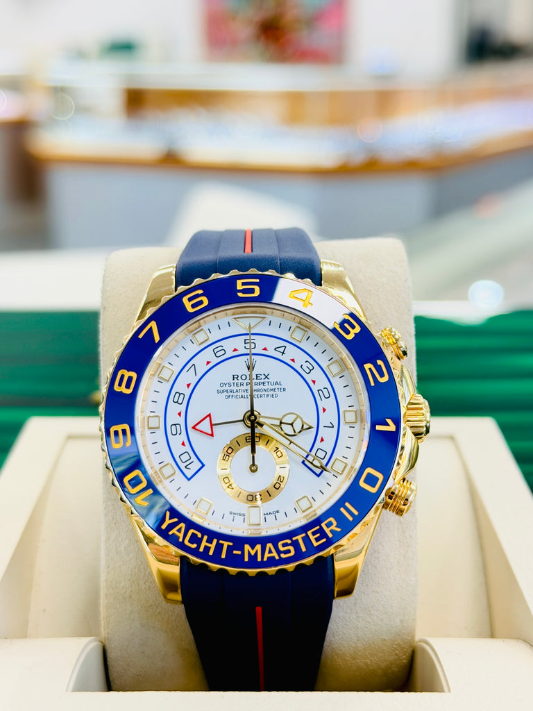 Rolex  Yacht-Master II 116688  Mercedes Hands 44 PreOwned +  Unworn Blue With Red Stripe Rubber b