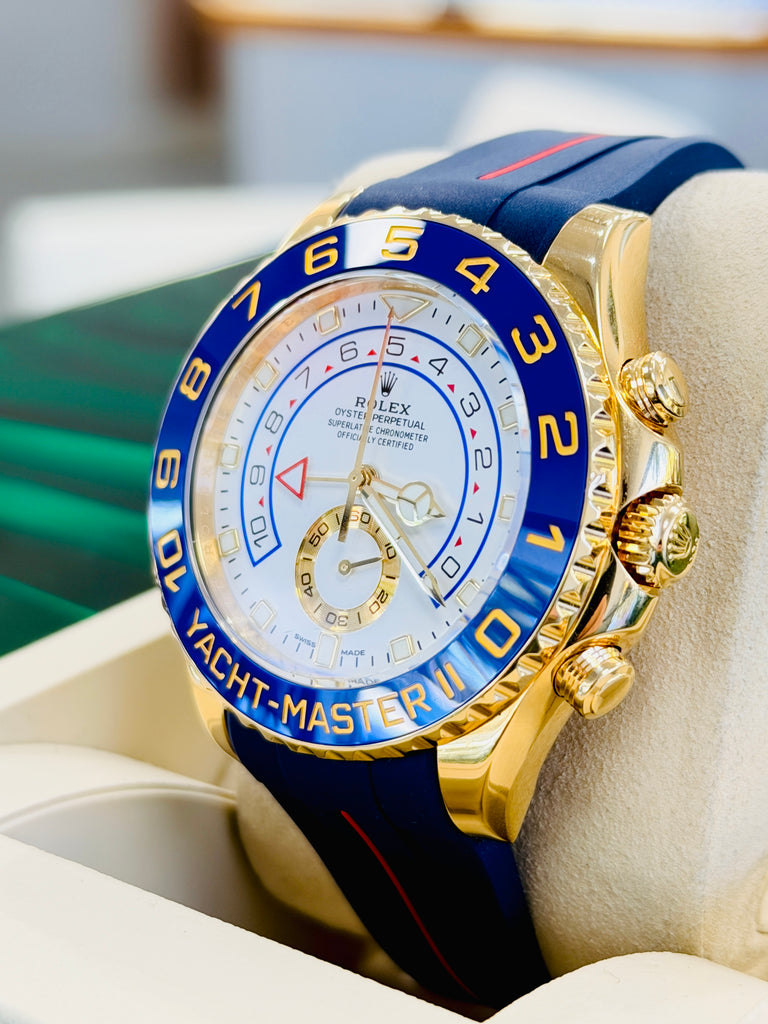 Rolex  Yacht-Master II 116688  Mercedes Hands 44 PreOwned +  Unworn Blue With Red Stripe Rubber b