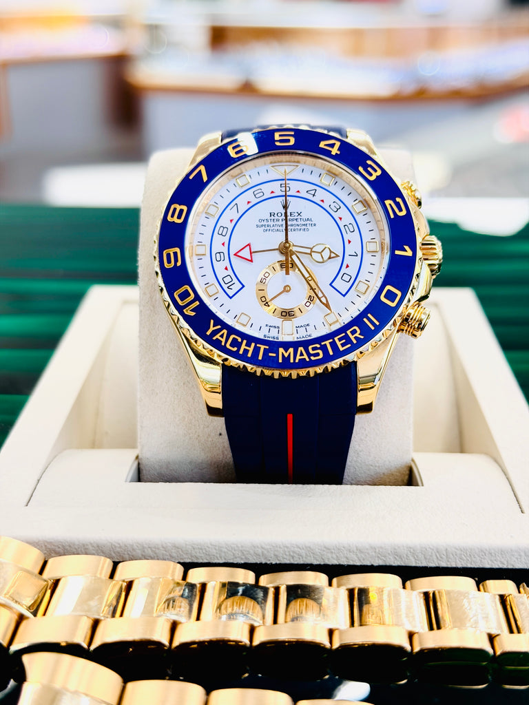 Rolex  Yacht-Master II 116688  Mercedes Hands 44 PreOwned +  Unworn Blue With Red Stripe Rubber b