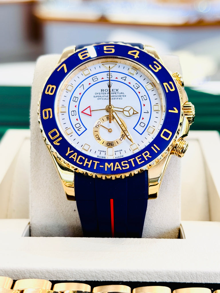 Rolex  Yacht-Master II 116688  Mercedes Hands 44 PreOwned +  Unworn Blue With Red Stripe Rubber b