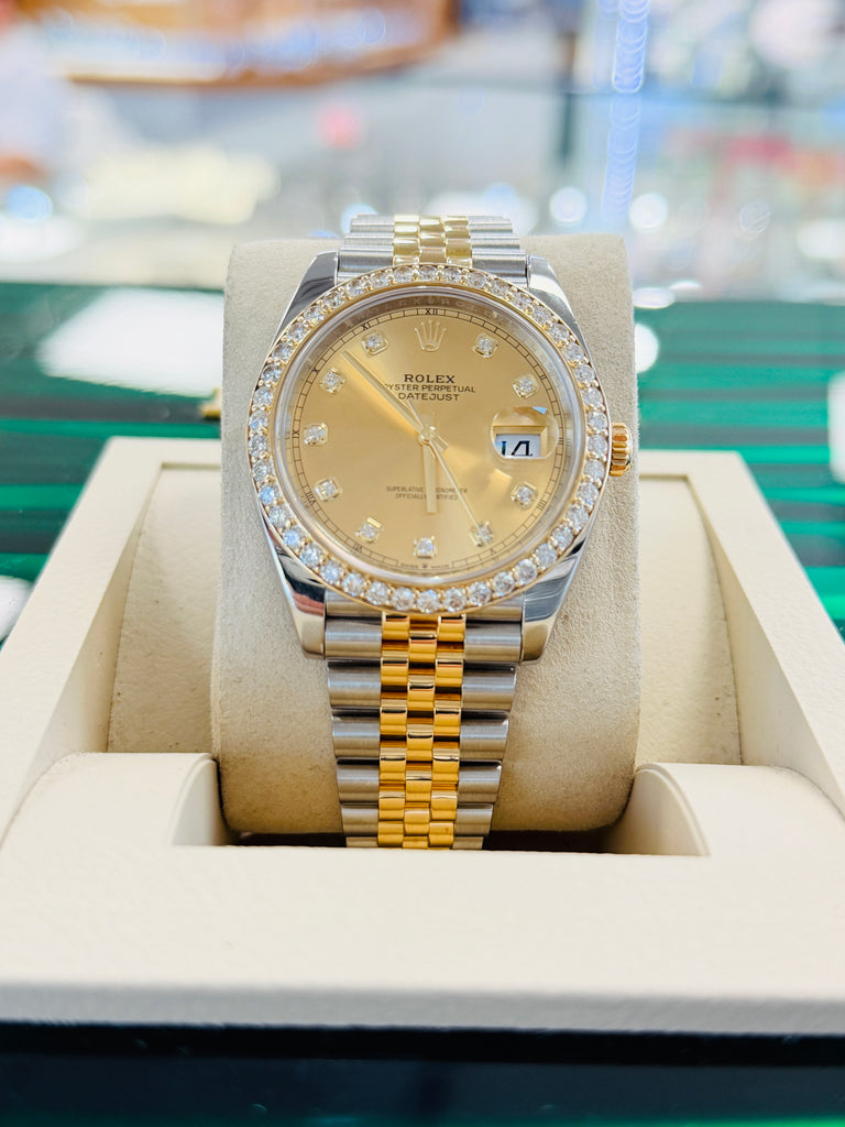 Rolex Datejust 41 126333 Champagne Diamond Dial Custom Diamond Bezel Steel & Yellow Gold PreOwned B&P - Diamonds East Intl.