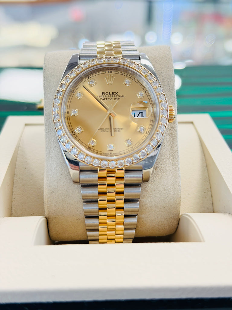 Rolex Datejust 41 126333 Champagne Diamond Dial Custom Diamond Bezel Steel & Yellow Gold PreOwned B&P - Diamonds East Intl.