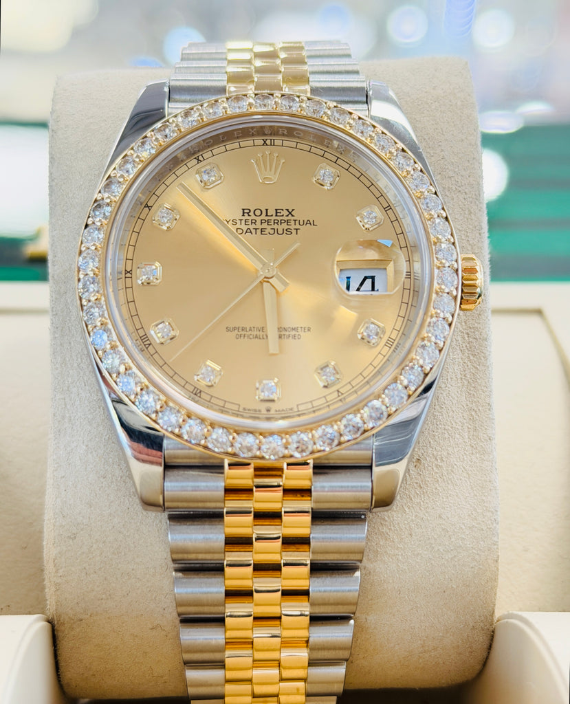 Rolex Datejust 41 126333 Champagne Diamond Dial Custom Diamond Bezel Steel & Yellow Gold PreOwned B&P - Diamonds East Intl.