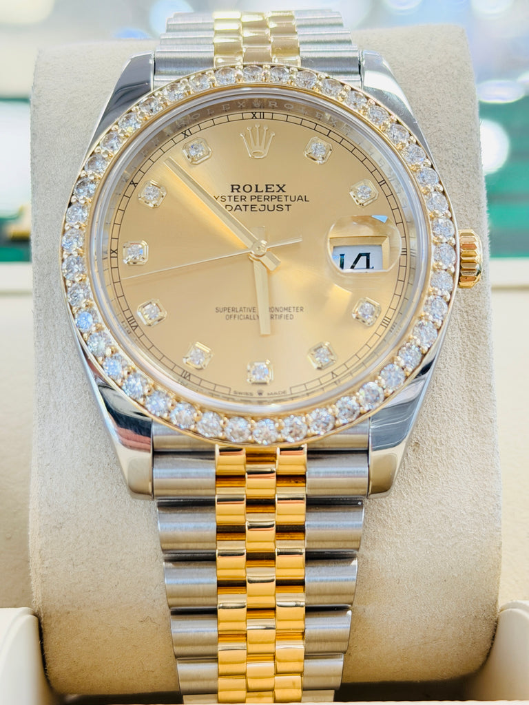 Rolex Datejust 41 126333 Champagne Diamond Dial Custom Diamond Bezel Steel & Yellow Gold PreOwned B&P - Diamonds East Intl.