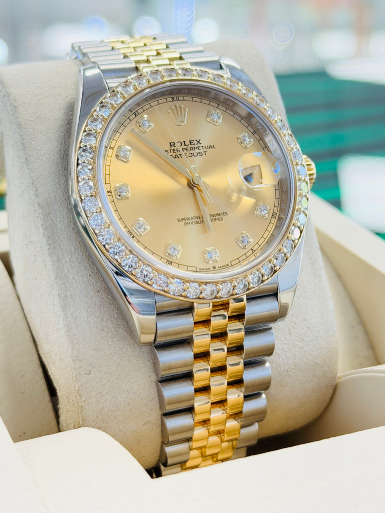 Rolex Datejust 41 126333 Champagne Diamond Dial Custom Diamond Bezel Steel & Yellow Gold PreOwned B&P - Diamonds East Intl.