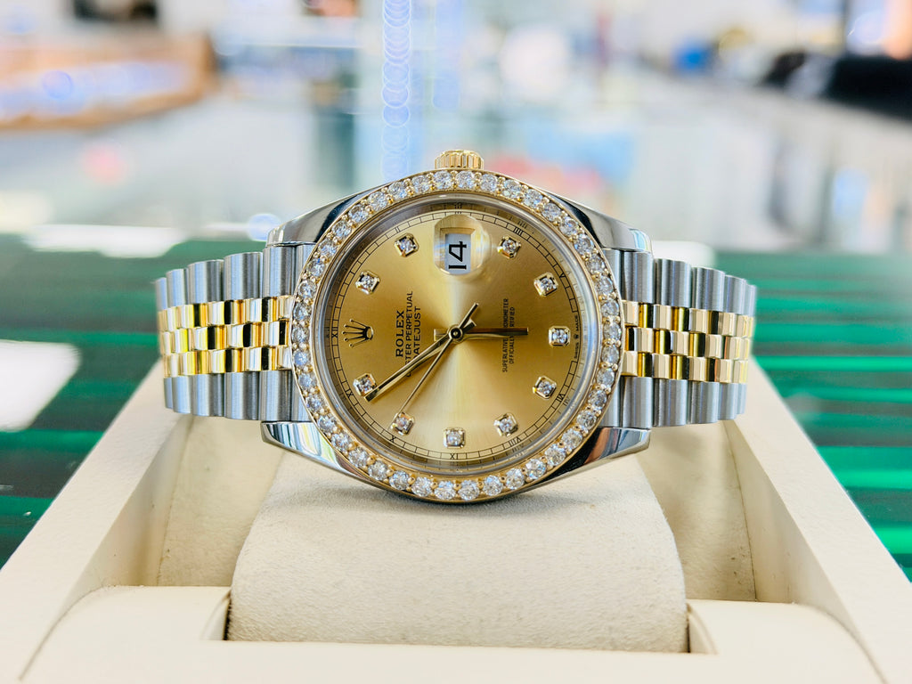 Rolex Datejust 41 126333 Champagne Diamond Dial Custom Diamond Bezel Steel & Yellow Gold PreOwned B&P - Diamonds East Intl.