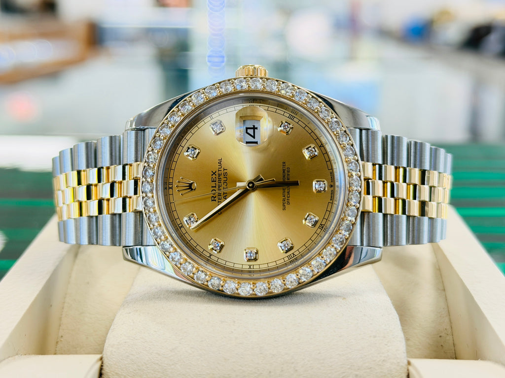 Rolex Datejust 41 126333 Champagne Diamond Dial Custom Diamond Bezel Steel & Yellow Gold PreOwned B&P - Diamonds East Intl.