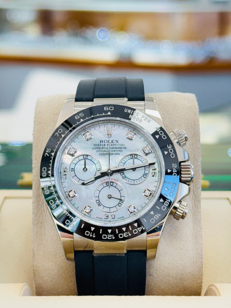 Rolex Daytona 116519LN  White Gold Oysterflex Factory  Mother Of Pearl Diamond Dial  Box And Papers  MINT