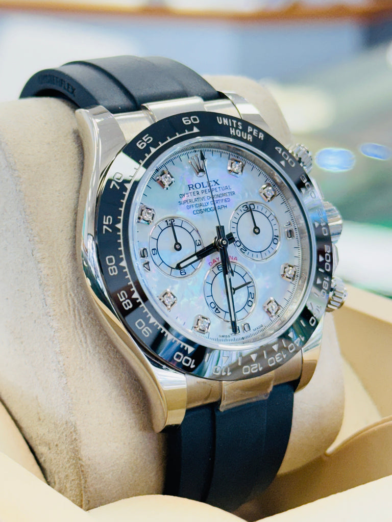 Rolex Daytona 116519LN  White Gold Oysterflex Factory  Mother Of Pearl Diamond Dial  Box And Papers  MINT