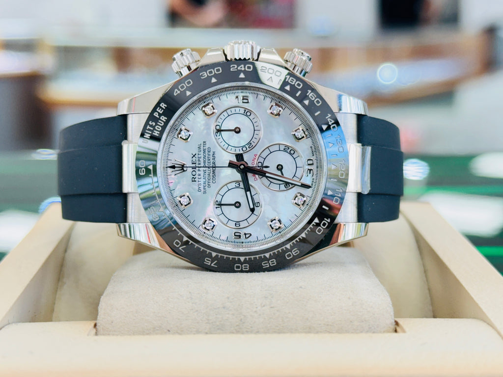 Rolex Daytona 116519LN  White Gold Oysterflex Factory  Mother Of Pearl Diamond Dial  Box And Papers  MINT