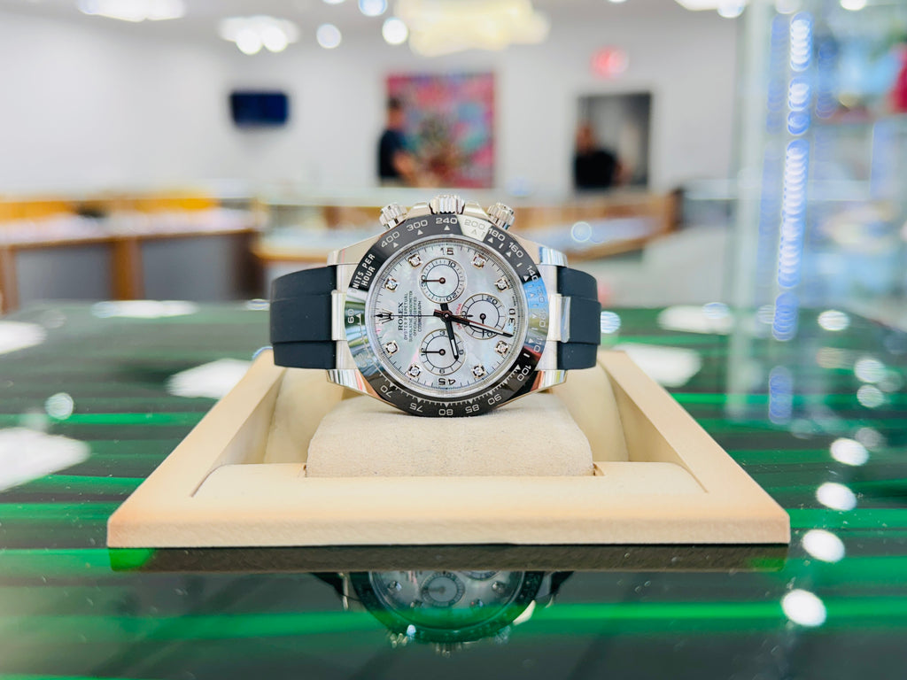 Rolex Daytona 116519LN  White Gold Oysterflex Factory  Mother Of Pearl Diamond Dial  Box And Papers  MINT - Diamonds East Intl.
