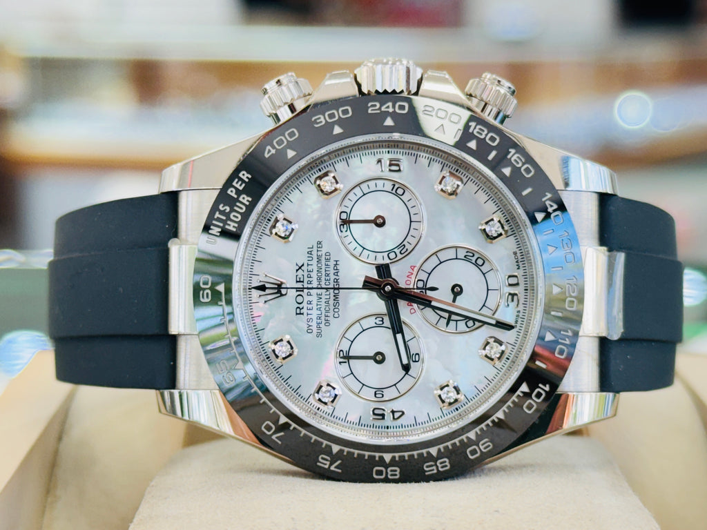 Rolex Daytona 116519LN  White Gold Oysterflex Factory  Mother Of Pearl Diamond Dial  Box And Papers  MINT - Diamonds East Intl.