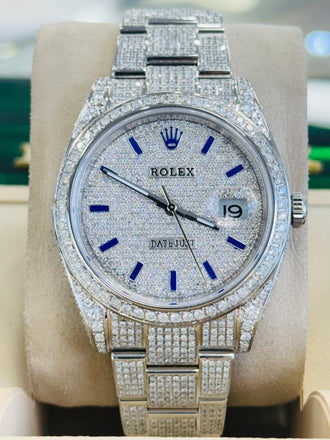 Rolex Datejust 41 126300  Full Custom Diamond Pave Set  Custom Pave Diamond Blue Stick Dial  Box and Papers - Diamonds East Intl.