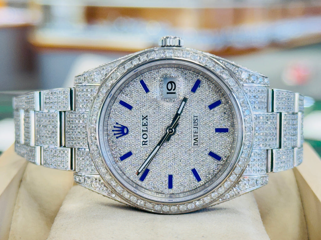 Rolex Datejust 41 126300  Full Custom Diamond Pave Set  Custom Pave Diamond Blue Stick Dial  Box and Papers - Diamonds East Intl.
