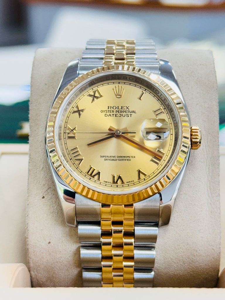 Rolex Datejust 36 116233 18K Yellow Gold / SS Champagne Roman Dial Fluted Bezel Jubilee MINT