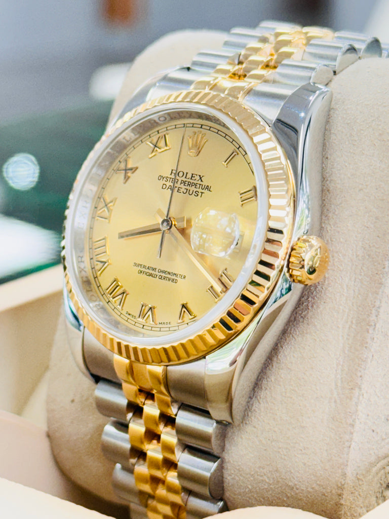 Rolex Datejust 36 116233 18K Yellow Gold / SS Champagne Roman Dial Fluted Bezel Jubilee MINT