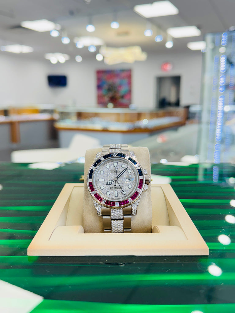 Rolex GMT-Master II 116759SARU 18k White Gold Diamond Sapphire Factory Full Pave Diamond Bracelet Box and Papers PreOwned “Pepsi Edition” - Diamonds East Intl.