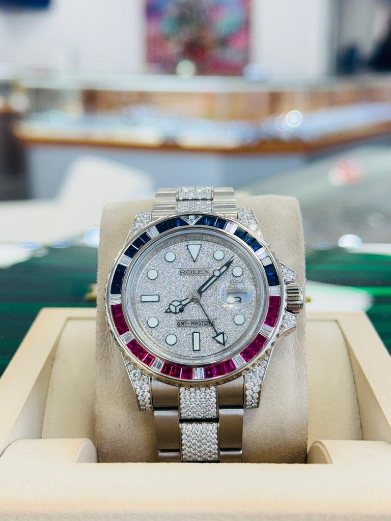Rolex GMT-Master II 116759SARU 18k White Gold Diamond Sapphire Factory Full Pave Diamond Bracelet Box and Papers PreOwned “Pepsi Edition”