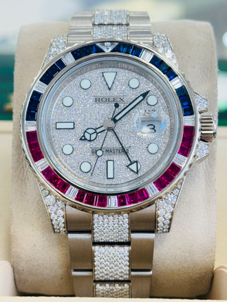 Rolex GMT-Master II 116759SARU 18k White Gold Diamond Sapphire Factory Full Pave Diamond Bracelet Box and Papers PreOwned “Pepsi Edition”