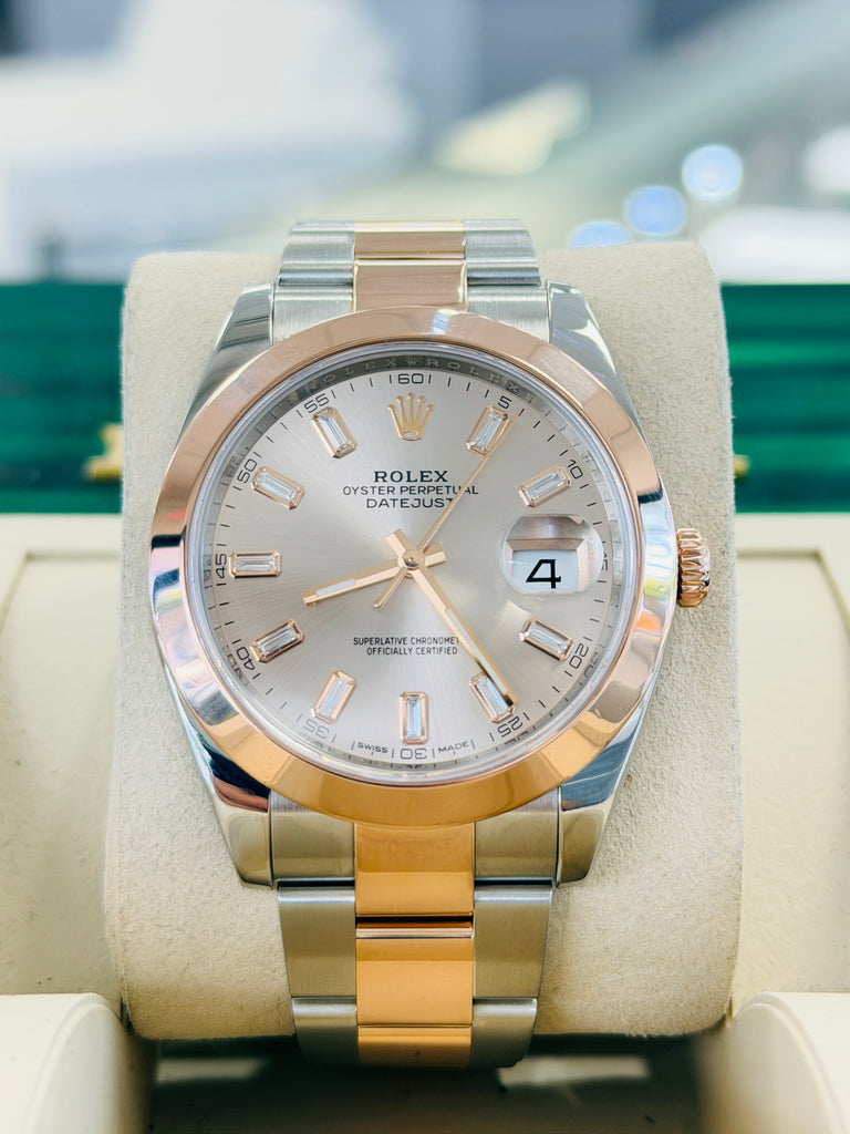 Rolex Datejust 41 126301  Custom Baguette Diamond Sundust Dial Everose & Steel Oyster Band Smooth Bezel PreOwned - Diamonds East Intl.