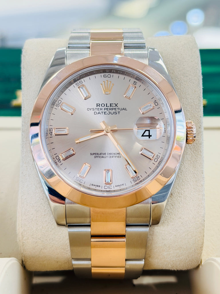 Rolex Datejust 41 126301  Custom Baguette Diamond Sundust Dial Everose & Steel Oyster Band Smooth Bezel PreOwned - Diamonds East Intl.