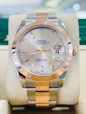 Rolex Datejust 41 126301  Custom Baguette Diamond Sundust Dial Everose & Steel Oyster Band Smooth Bezel PreOwned - Diamonds East Intl.