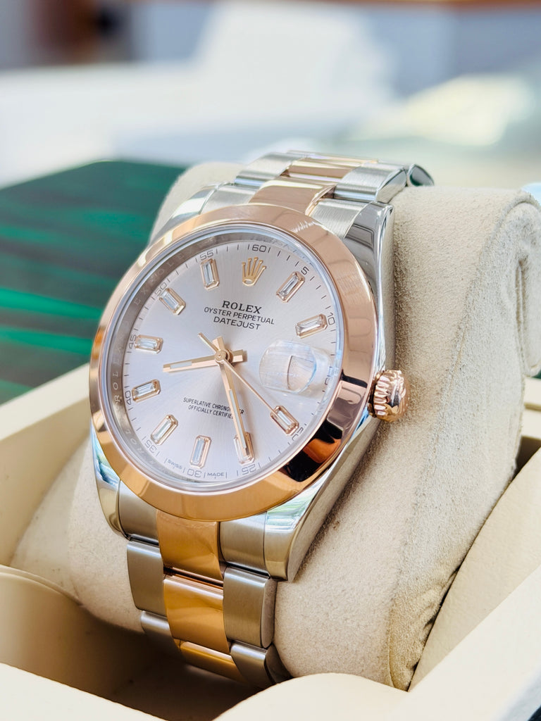 Rolex Datejust 41 126301  Custom Baguette Diamond Sundust Dial Everose & Steel Oyster Band Smooth Bezel PreOwned - Diamonds East Intl.