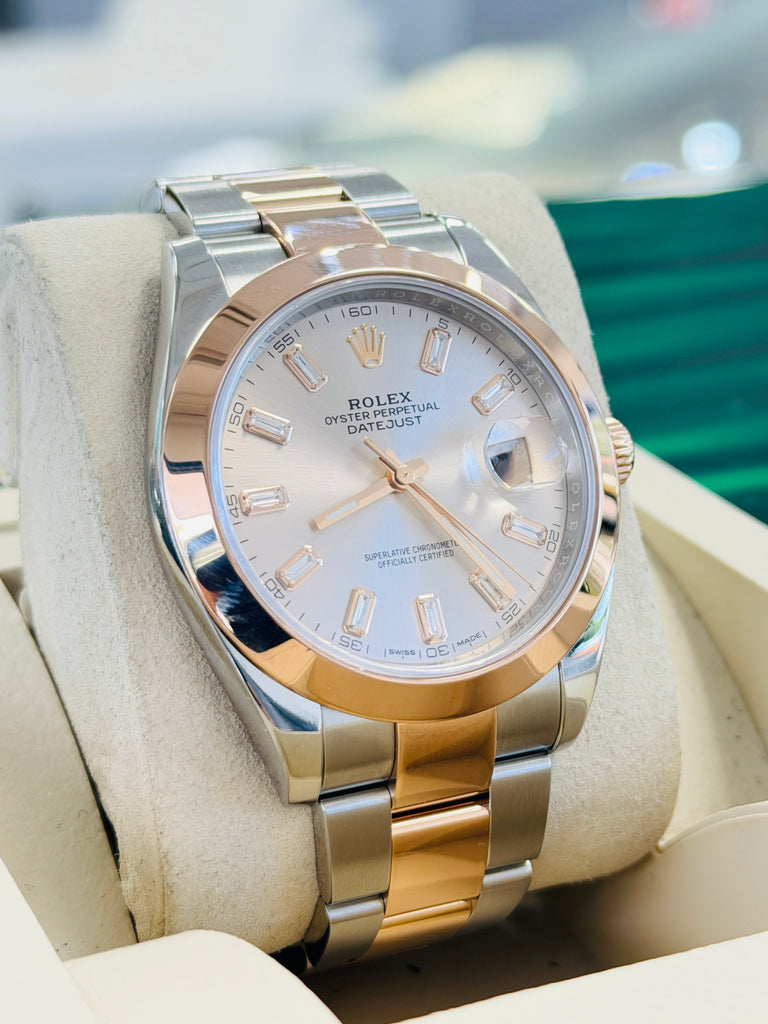 Rolex Datejust 41 126301  Custom Baguette Diamond Sundust Dial Everose & Steel Oyster Band Smooth Bezel PreOwned - Diamonds East Intl.