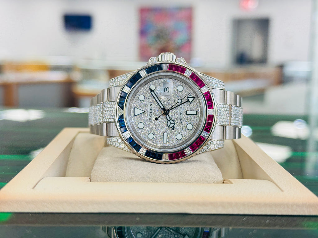 Rolex GMT-Master II 116759SARU 18k White Gold Diamond Sapphire Factory Full Pave Diamond Bracelet Box and Papers PreOwned “Pepsi Edition”
