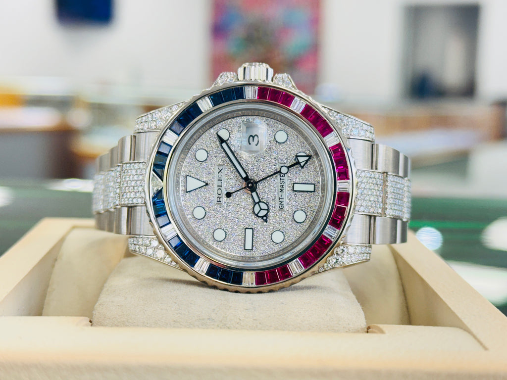 Rolex GMT-Master II 116759SARU 18k White Gold Diamond Sapphire Factory Full Pave Diamond Bracelet Box and Papers PreOwned “Pepsi Edition” - Diamonds East Intl.