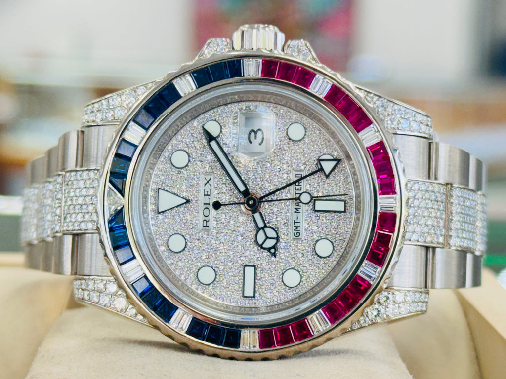 Rolex GMT-Master II 116759SARU 18k White Gold Diamond Sapphire Factory Full Pave Diamond Bracelet Box and Papers PreOwned “Pepsi Edition” - Diamonds East Intl.