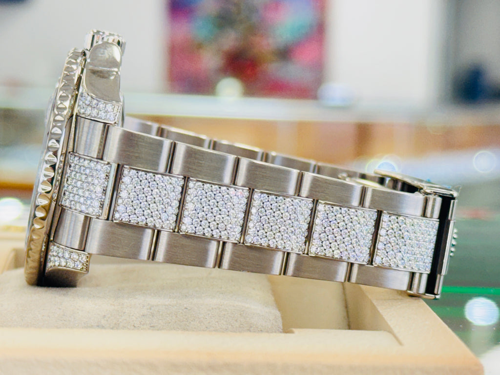 Rolex GMT-Master II 116759SARU 18k White Gold Diamond Sapphire Factory Full Pave Diamond Bracelet Box and Papers PreOwned “Pepsi Edition” - Diamonds East Intl.