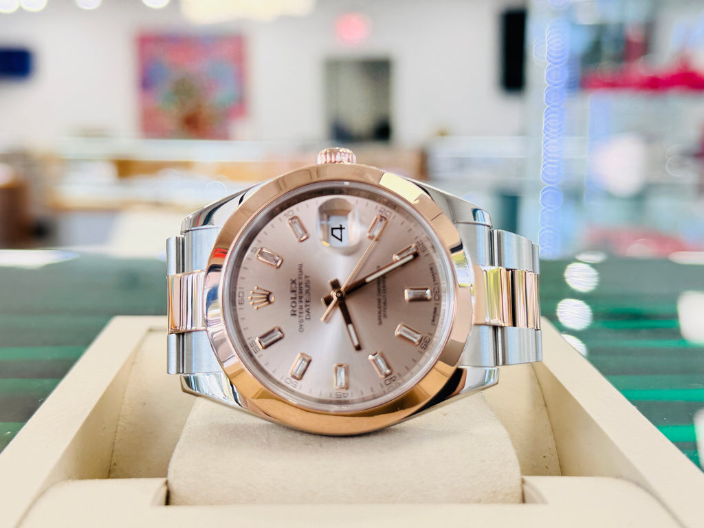 Rolex Datejust 41 126301  Custom Baguette Diamond Sundust Dial Everose & Steel Oyster Band Smooth Bezel PreOwned - Diamonds East Intl.