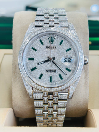 Rolex Datejust 41 126300  Full Custom Diamond Pave Set Jubilee Custom Pave Diamond Green Stick Dial  Box and Papers